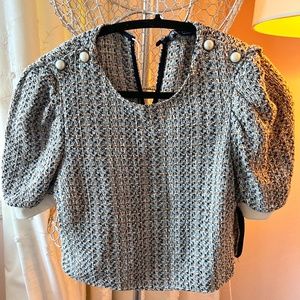 Zara Tweed Top with Pearl Buttons and Puff Sleeves